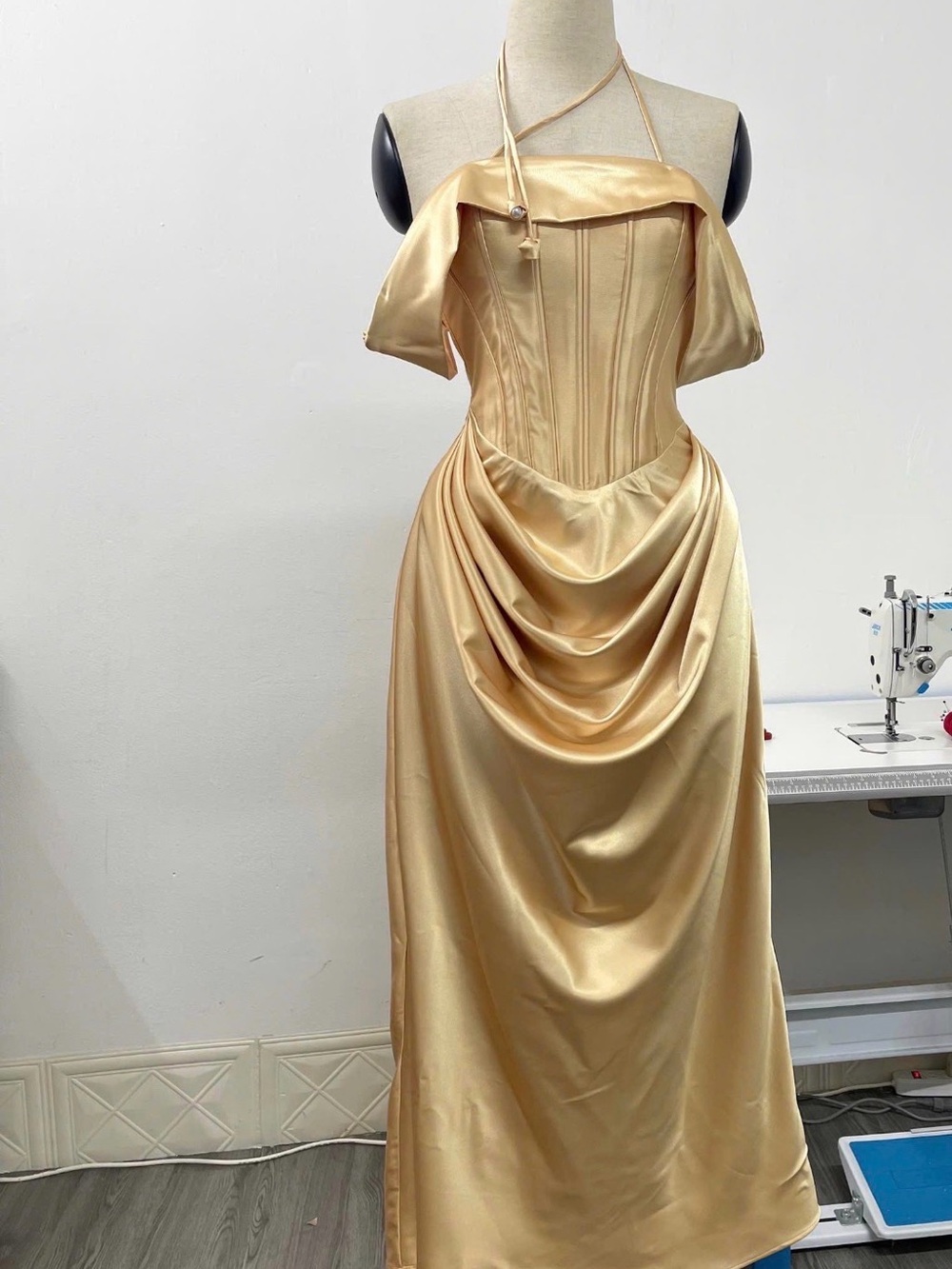 Elegant Champagne Satin Corset Prom Dress with Draped Skirt